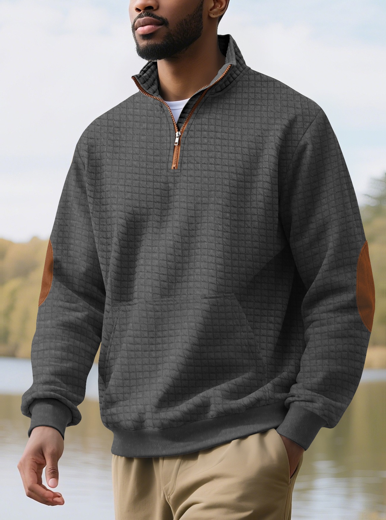 Man Clothes Hoodies Men's Casual Sports Sweatshirt Jacquard Check Stand-up Collar Half-Zip Waffle-Weave Long-Sleeved Top Fashion Clothing for Men Long Sleeves Tops