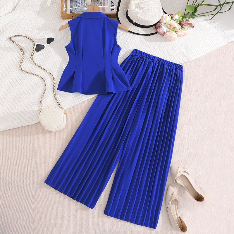 8-12 Years Girl Clothes 2PCS Girls Clothing Set Simple Lapel Sleeveless Waist Cinched Top Casual Wide Leg Pleated Pants Outfit Girl Top and Trousers