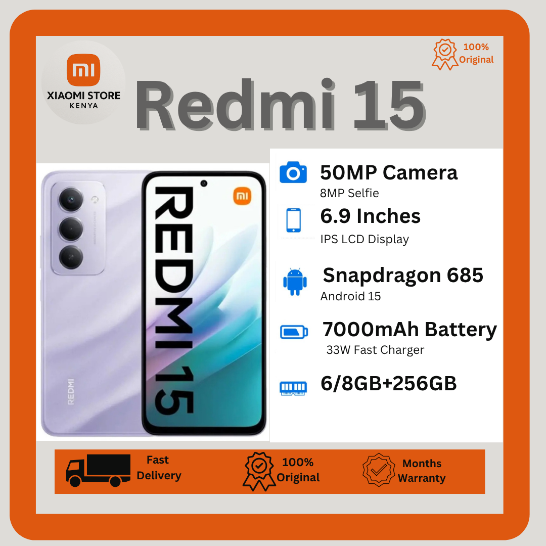 [New Arrival] XIAOMI Redmi 15 256GB+16(8+8)GB 6.9 Inch 144Hz IPS LCD Display 50MP Camera 7000mAh Battery 33W Fast Charging IP64 Dust/Water Resistant Dual SIM Snapdragon 685 SoC AI Smartphones Redmi 13