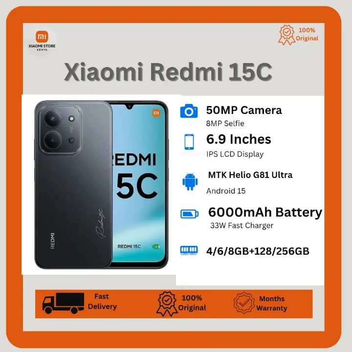 [New Arrival] Xiaomi Redmi 15C 256GB+16(8+8) 6.9" 120Hz IPS LCD Display 50MP Camera 6000mAh Battery 33W Hyper-Charge Gorilla Glass 3 Dual SIM IP64 MTK Helio G81 Ultra Android Smartphone