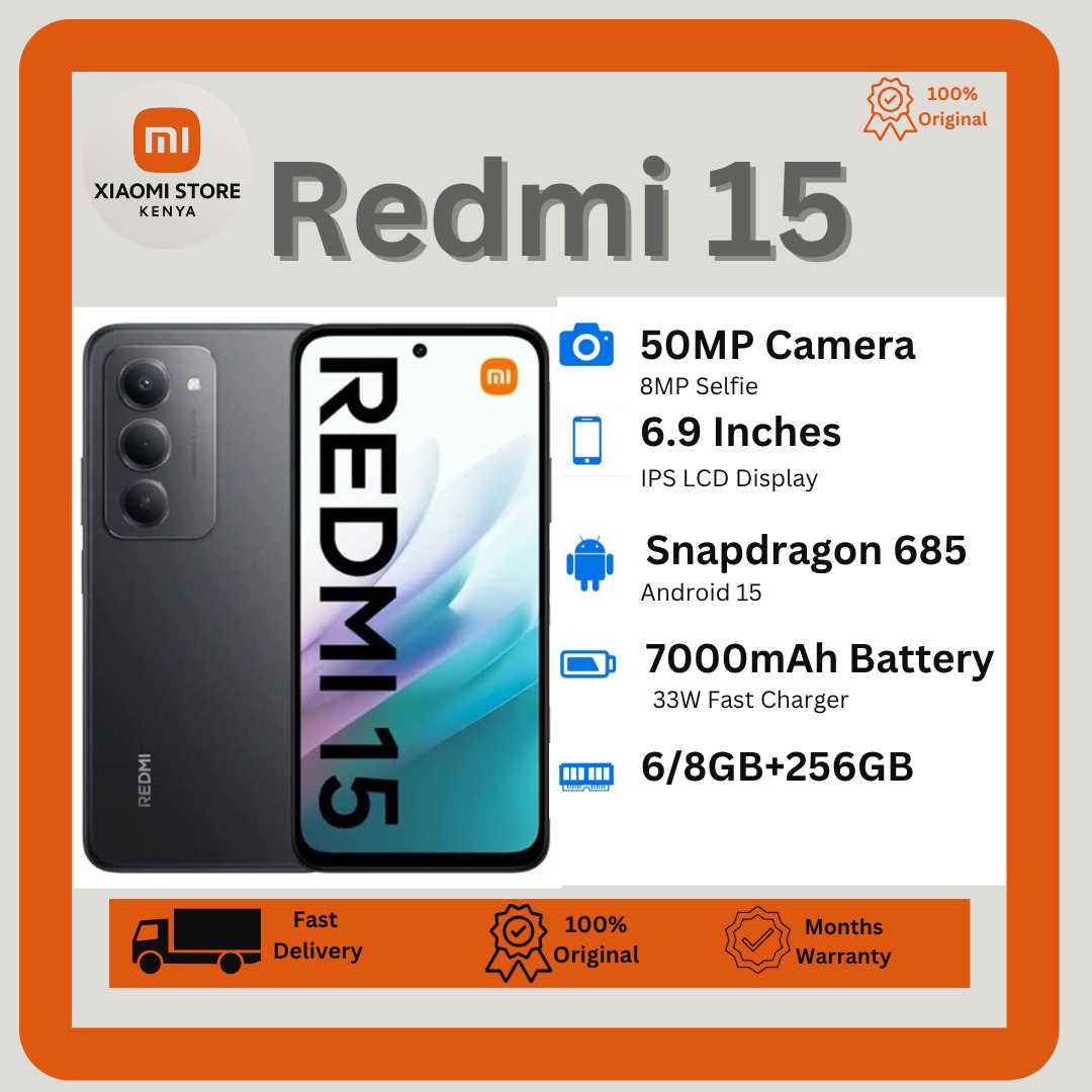 [New Arrival] XIAOMI Redmi 15 256GB+16(8+8)GB 6.9 Inch 144Hz IPS LCD Display 50MP Camera 7000mAh Battery 33W Fast Charging IP64 Dust/Water Resistant Dual SIM Snapdragon 685 SoC AI Smartphones Redmi 13