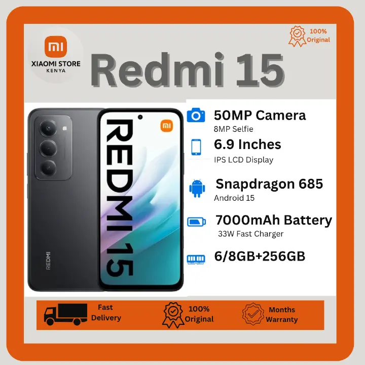 [New Arrival] XIAOMI Redmi 15 256GB+16(8+8)GB 6.9 Inch 144Hz IPS LCD Display 50MP Camera 7000mAh Battery 33W Fast Charging IP64 Dust/Water Resistant Dual SIM Snapdragon 685 SoC AI Smartphones Redmi 13