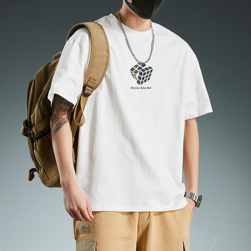 New men's summer cotton T-shirt with short sleeves and round neck loose solid color bottoming shirt