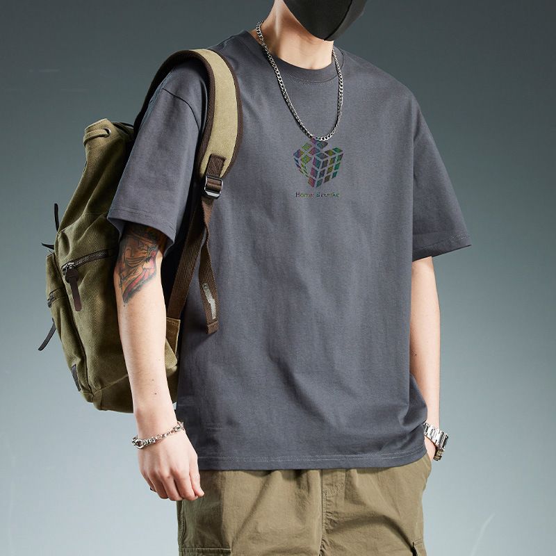 New men's summer cotton T-shirt with short sleeves and round neck loose solid color bottoming shirt