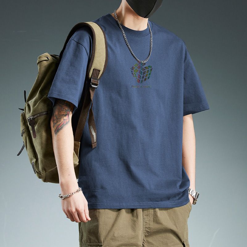 New men's summer cotton T-shirt with short sleeves and round neck loose solid color bottoming shirt
