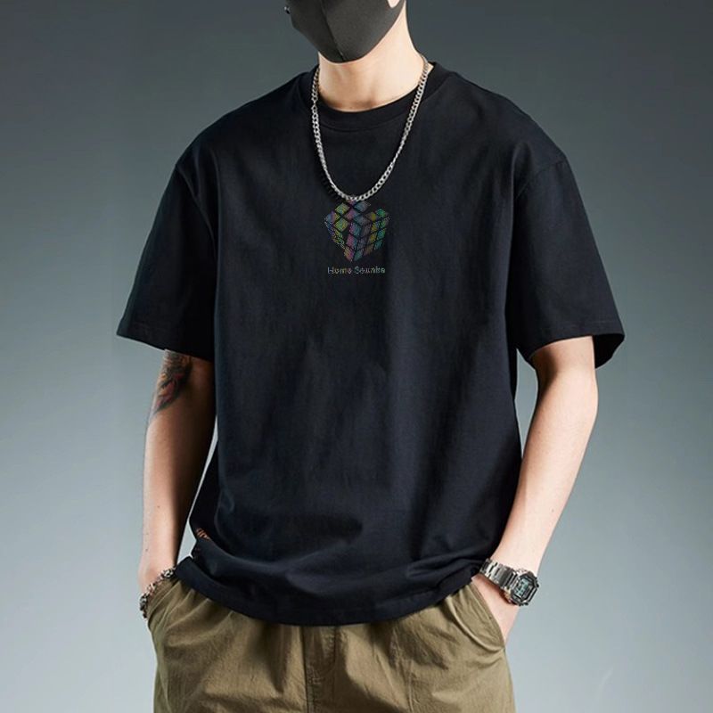 New men's summer cotton T-shirt with short sleeves and round neck loose solid color bottoming shirt