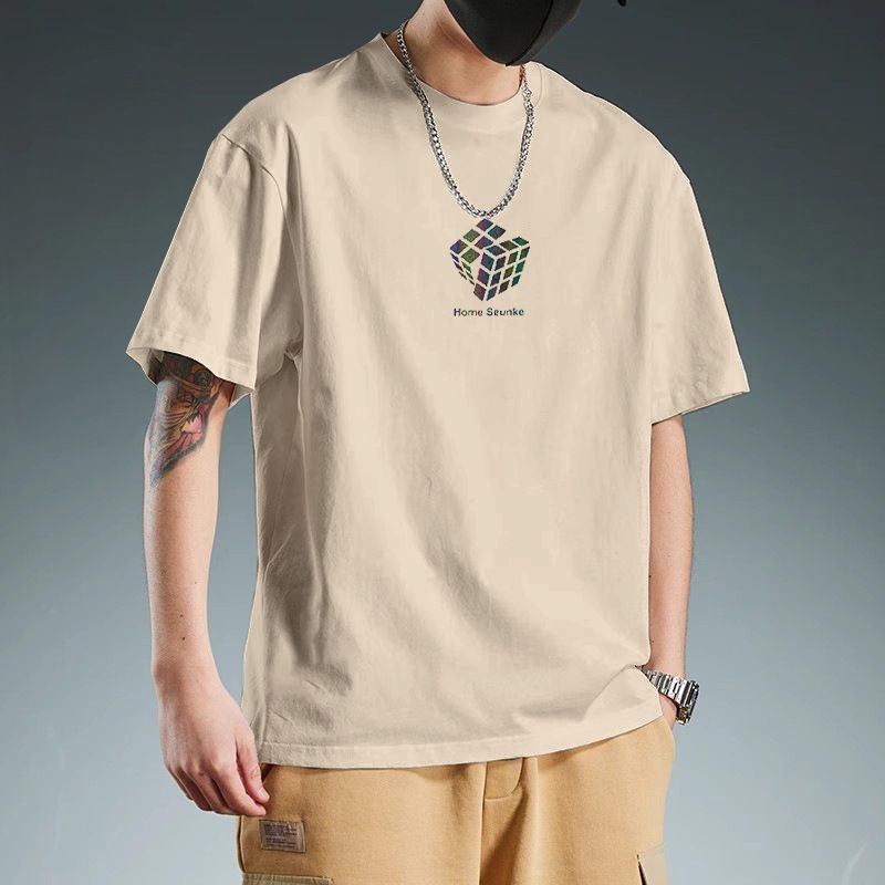 New men's summer cotton T-shirt with short sleeves and round neck loose solid color bottoming shirt