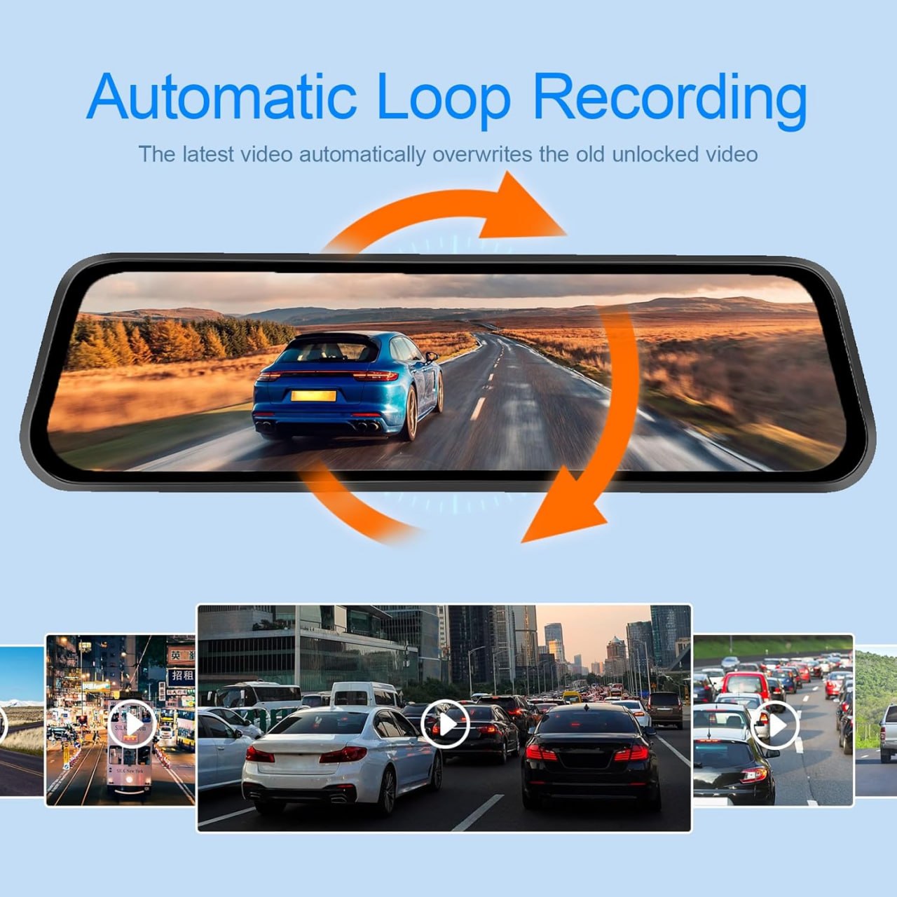 Mirror Dash Cam Car Camera (Front, back and inside the vehicle) Night Vision, Parking Assistance with WiFi (Phone app) to view remotely on your phone.