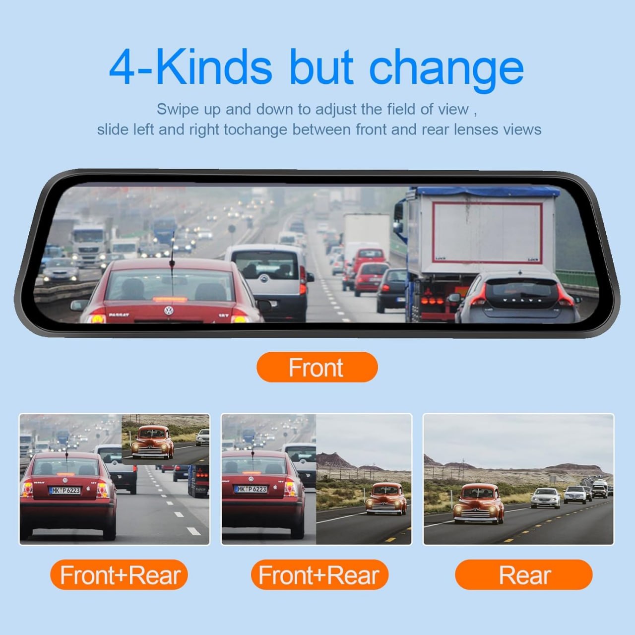 Mirror Dash Cam Car Camera (Front, back and inside the vehicle) Night Vision, Parking Assistance with WiFi (Phone app) to view remotely on your phone.
