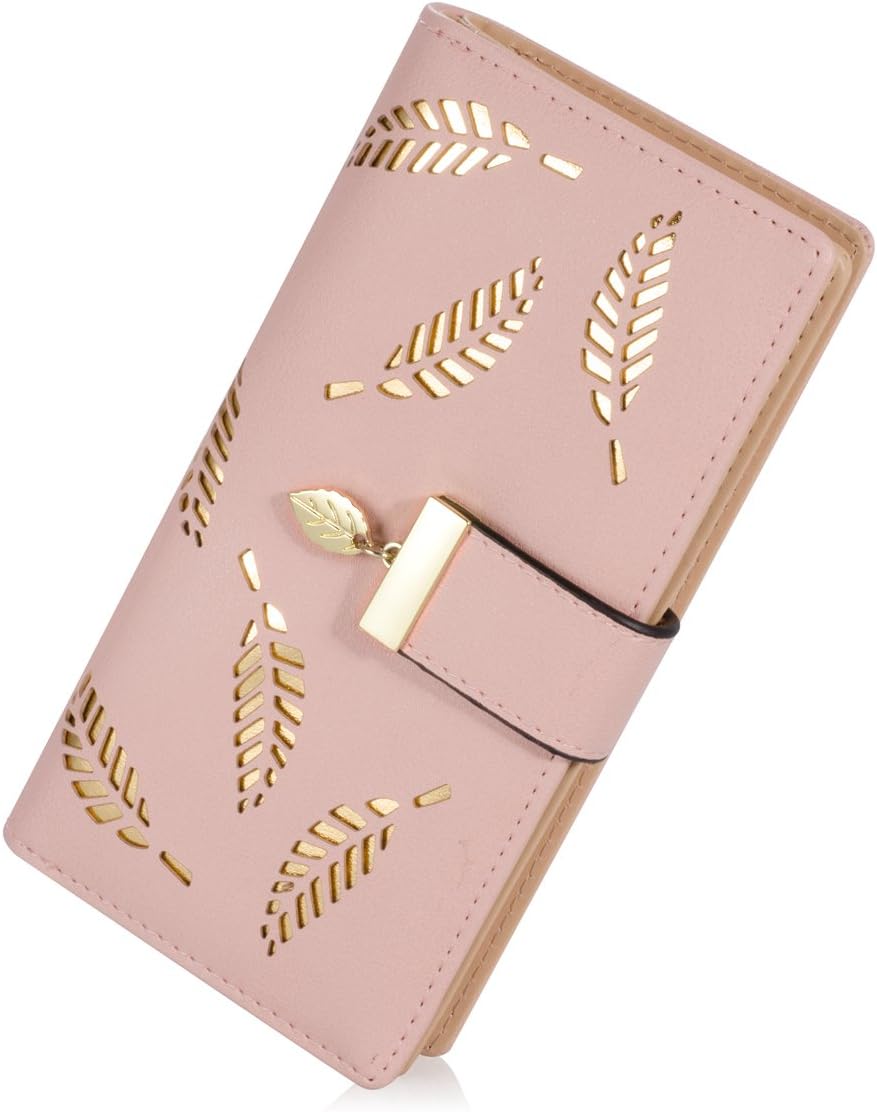 Sweet Cute Chocolate Women's Long Leaf Bifold Wallet Leather Card Holder Purse Zipper Buckle Elegant Clutch Wallet Handbag for Women - Pink