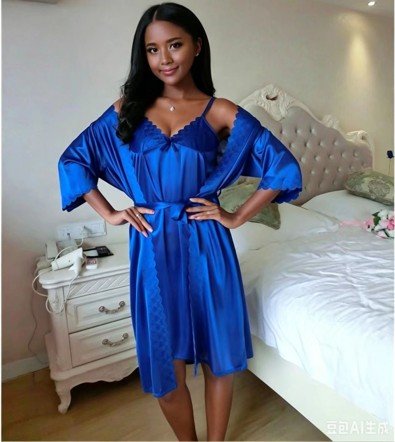 2pcs/Set Satin Slip Lace Women Nightwear V Neck Strap Women's Sleepwear Dresses Nightgowns Nightdress Nightclothes Night Skirt Pajamas Nighty Soft Sleepwear Sleeping Night Dress Gowns Ladies Clothes
