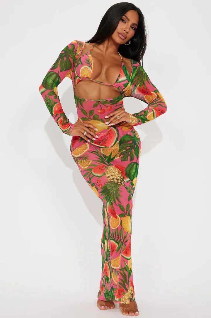Printed Long Sleeve Cover Up Bikini Female Swimsuit Women Swimwear Three-pieces Bikini set Bather Bathing Suit Swim