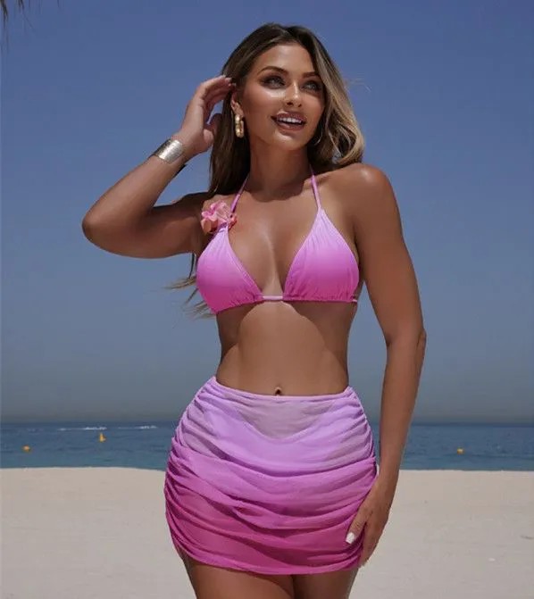 With Skirt Gradient Halter Bikini Female Swimsuit Women Swimwear Three-pieces Bikini set Padded Bather Bathing Suit Swim