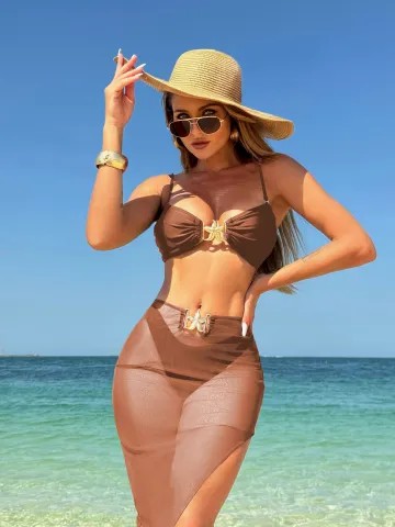 3Pieces Bikini 2025 Sexy Women Swimsuit Swimwear Female Solid Mesh Long Skirt Bikini Set Bathing Suit Swimming Suit