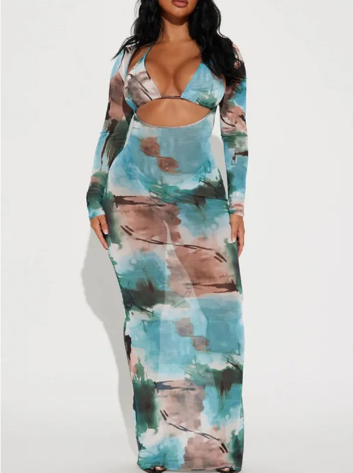 Printed Long Sleeve Cover Up Bikini Female Swimsuit Women Swimwear Three-pieces Bikini set Bather Bathing Suit Swim