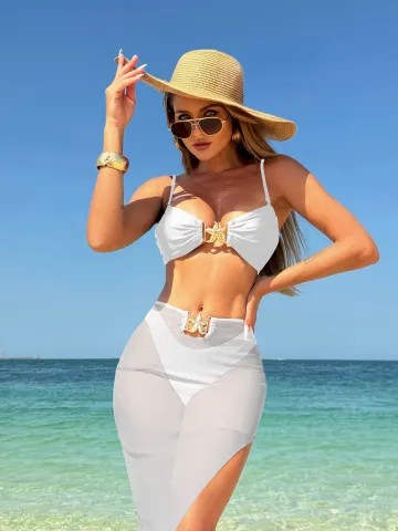 3Pieces Bikini 2025 Sexy Women Swimsuit Swimwear Female Solid Mesh Long Skirt Bikini Set Bathing Suit Swimming Suit
