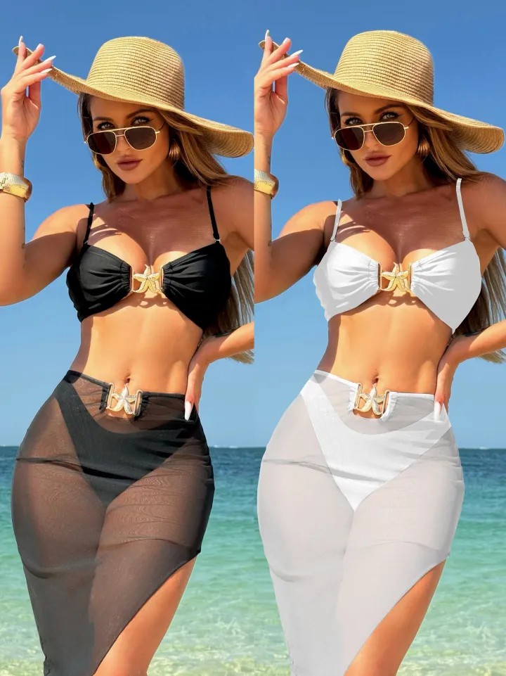 3Pieces Bikini 2025 Sexy Women Swimsuit Swimwear Female Solid Mesh Long Skirt Bikini Set Bathing Suit Swimming Suit