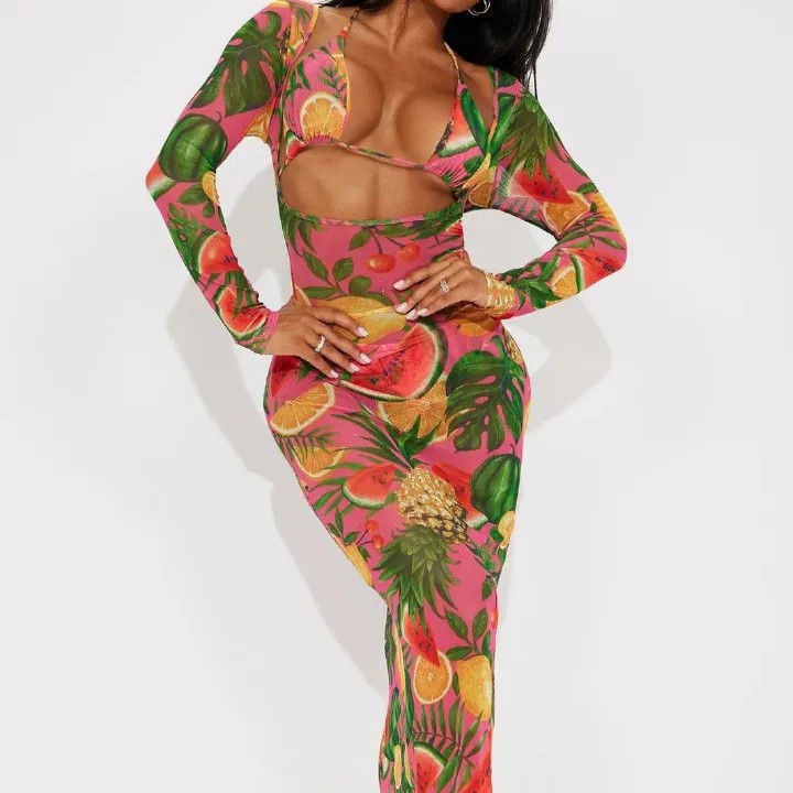 Printed Long Sleeve Cover Up Bikini Female Swimsuit Women Swimwear Three-pieces Bikini set Bather Bathing Suit Swim