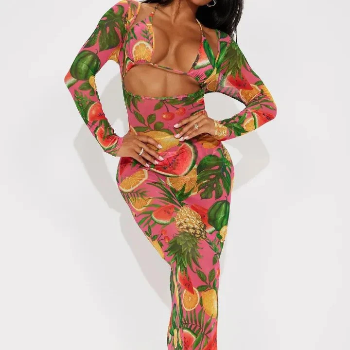 Printed Long Sleeve Cover Up Bikini Female Swimsuit Women Swimwear Three-pieces Bikini set Bather Bathing Suit Swim