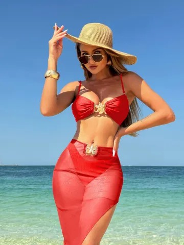 3Pieces Bikini 2025 Sexy Women Swimsuit Swimwear Female Solid Mesh Long Skirt Bikini Set Bathing Suit Swimming Suit