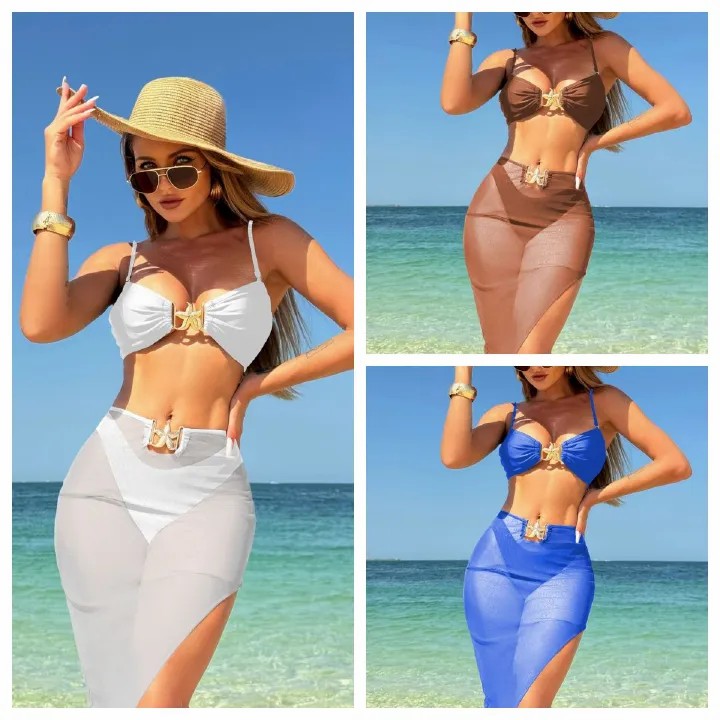 3Pieces Bikini 2025 Sexy Women Swimsuit Swimwear Female Solid Mesh Long Skirt Bikini Set Bathing Suit Swimming Suit