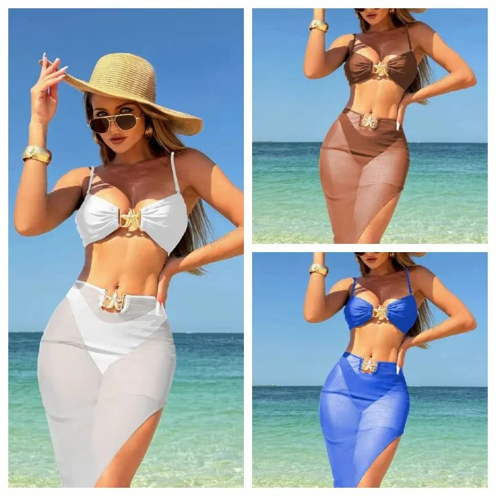 3Pieces Bikini 2025 Sexy Women Swimsuit Swimwear Female Solid Mesh Long Skirt Bikini Set Bathing Suit Swimming Suit