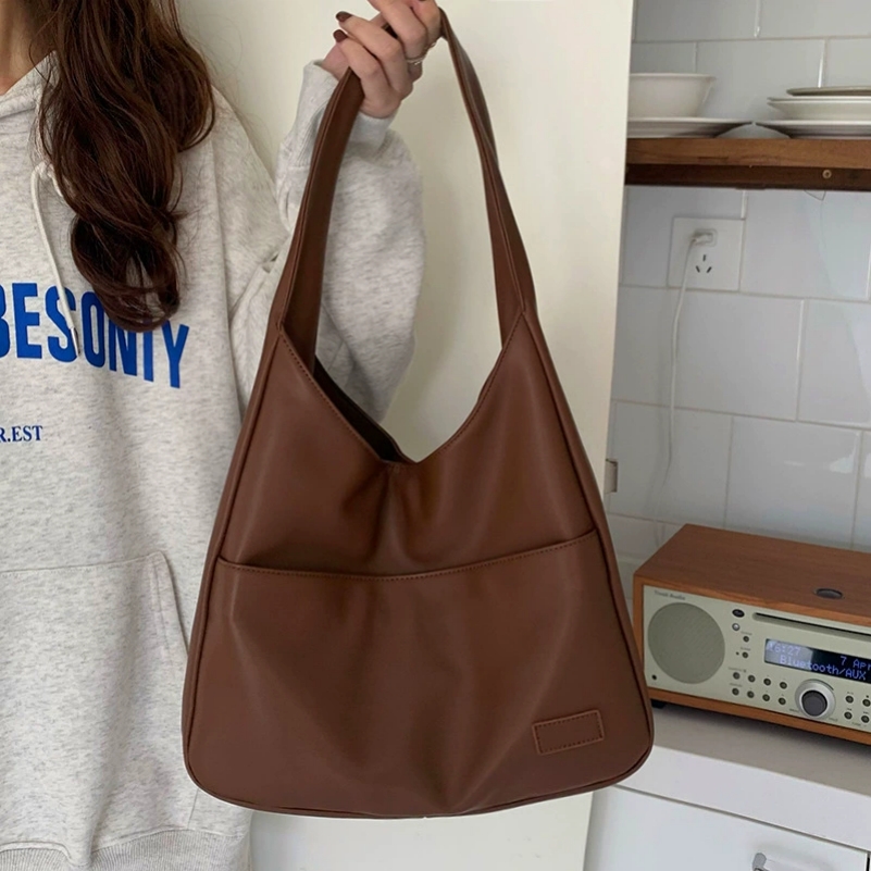 Durable Large Capacity Brown Tote Bag Women's Soft PU Leather Shoulder Handbag for Kenya