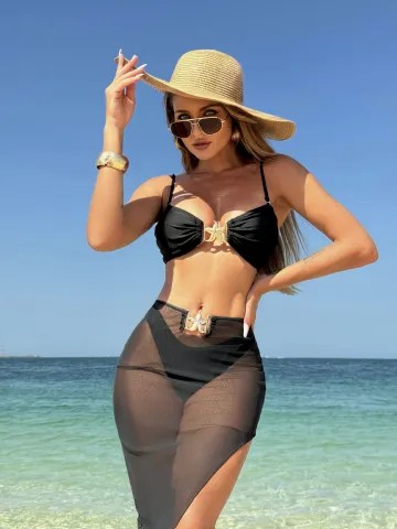 3Pieces Bikini 2025 Sexy Women Swimsuit Swimwear Female Solid Mesh Long Skirt Bikini Set Bathing Suit Swimming Suit