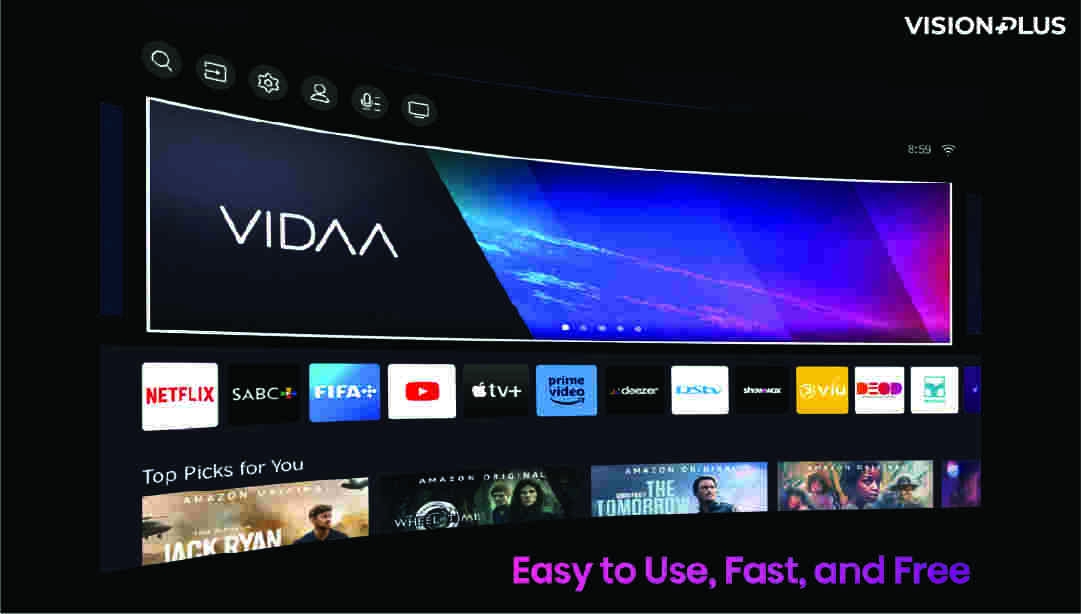 VISION PLUS 55" INCHES VP8855KV 4K Frameless V+ OS Smart TV BLUETOOTH BUILT-IN WIFI NETFLIX YOUTUBE DOLBY AUDIO VOICE CONTROL SCREEN SHARE+FREE TV GUARD AND WALL BRACKET-2 YEARS WARRANTY