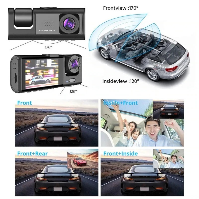 HD 1080P Triple Lens Car Dash Cam – Front, Rear & Interior Video Recorder with G-Sensor, 170° Wide Angle, Loop Recording, Night Vision, 2.0” IPS Display Driving Camera System