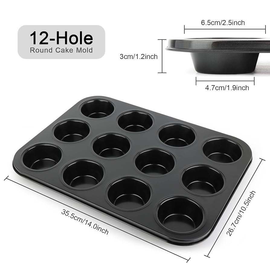 Baking Tin Nonstick 12 Hole CupcakesMould Tray Pan Perfect Muffins Home Bakery Event Wedding Cake Decor Professional Results Easy Release Coating Round Shape Standard Size Oven Safe Dishwasher Friendl