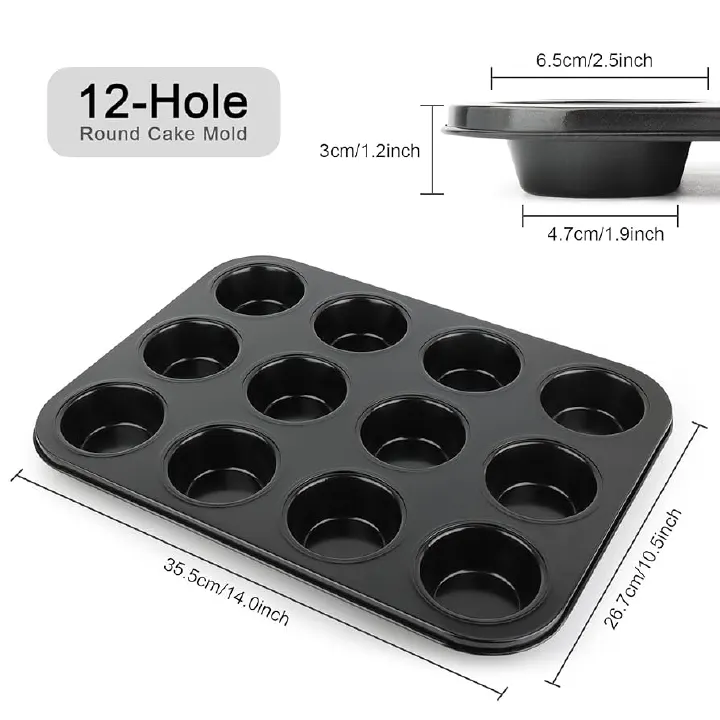 Baking Tin Nonstick 12 Hole CupcakesMould Tray Pan Perfect Muffins Home Bakery Event Wedding Cake Decor Professional Results Easy Release Coating Round Shape Standard Size Oven Safe Dishwasher Friendl