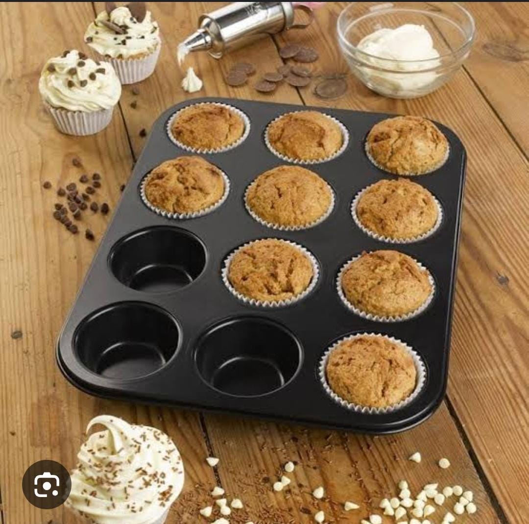 Baking Tin Nonstick 12 Hole CupcakesMould Tray Pan Perfect Muffins Home Bakery Event Wedding Cake Decor Professional Results Easy Release Coating Round Shape Standard Size Oven Safe Dishwasher Friendl