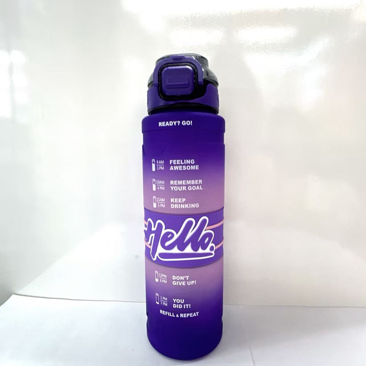 Hello Water Bottle Leakproof Time Marker BPA-Free Straw Power through intense gym sessions, commutes, or hiking adventures with this 1000mlleakproof BPA-free water bottle featuring motivational