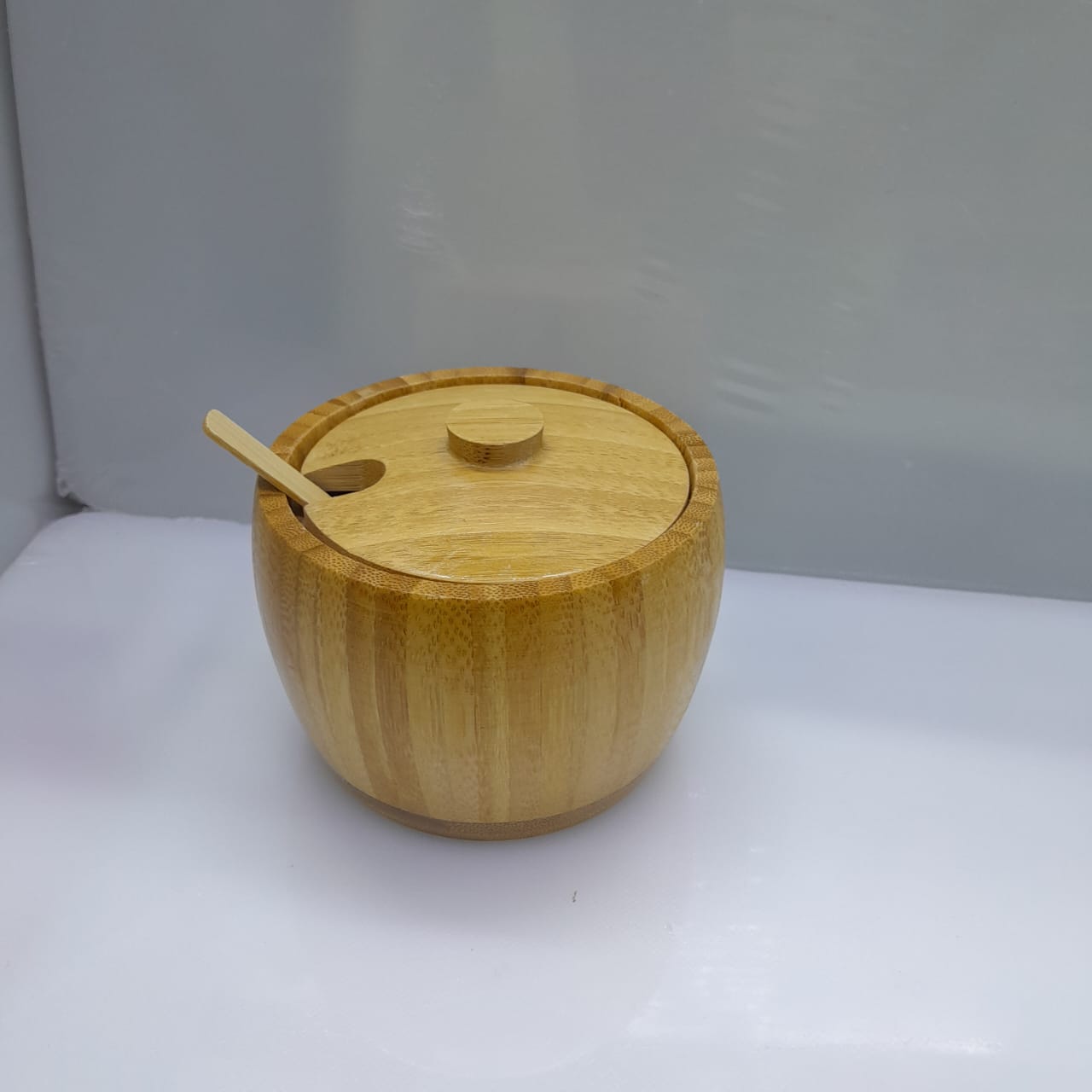 Bamboo Sugar Dish 320ml with Bamboo Teaspoon Unbreakable Natural Eco-Friendly Kitchen Condiment Serving Bowl Sweetener Honey Spice Container Tabletop Dining Accessory Safe Non-Toxic Food Grade Materi