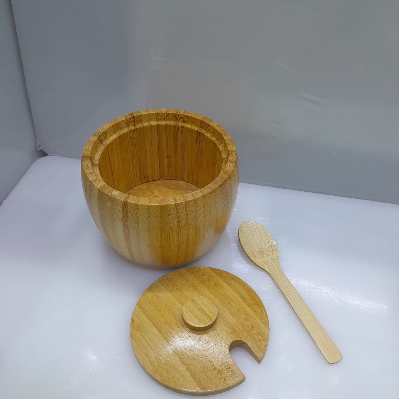 Bamboo Sugar Dish 320ml with Bamboo Teaspoon Unbreakable Natural Eco-Friendly Kitchen Condiment Serving Bowl Sweetener Honey Spice Container Tabletop Dining Accessory Safe Non-Toxic Food Grade Materi