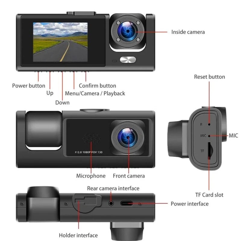 HD 1080P Triple Lens Car Dash Cam – Front, Rear & Interior Video Recorder with G-Sensor, 170° Wide Angle, Loop Recording, Night Vision, 2.0” IPS Display Driving Camera System
