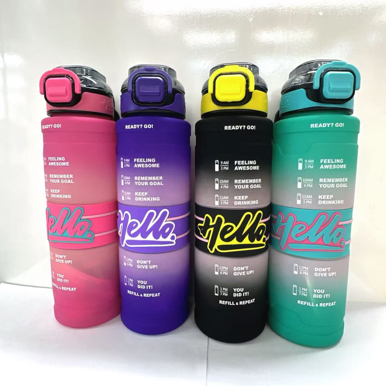 Hello Water Bottle Leakproof Time Marker BPA-Free Straw Power through intense gym sessions, commutes, or hiking adventures with this 1000mlleakproof BPA-free water bottle featuring motivational