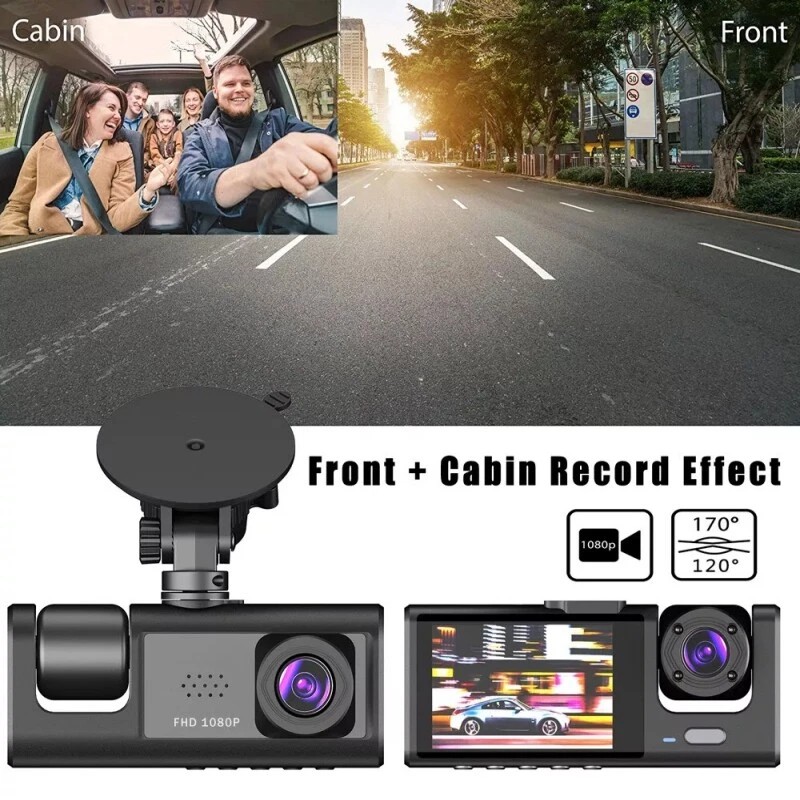 HD 1080P Triple Lens Car Dash Cam – Front, Rear & Interior Video Recorder with G-Sensor, 170° Wide Angle, Loop Recording, Night Vision, 2.0” IPS Display Driving Camera System