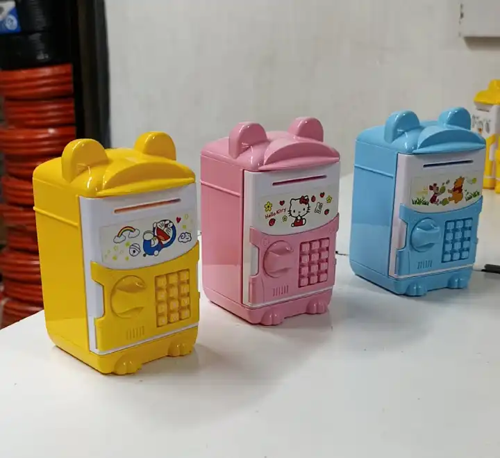 Manual Mini Kids Home Bank – Cash Coins Saving Box ATM Piggy Bank with Key Lock, Mini Safe Deposit Box, Note & Coin Counter Storage, Child Gift 13.7×8×7cm Durable Secure Money Organizer