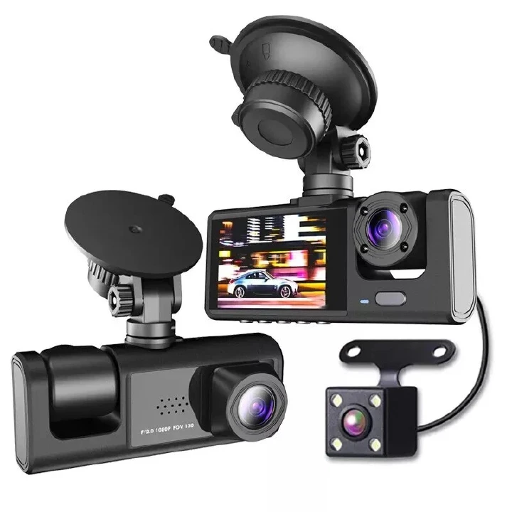 HD 1080P Triple Lens Car Dash Cam – Front, Rear & Interior Video Recorder with G-Sensor, 170° Wide Angle, Loop Recording, Night Vision, 2.0” IPS Display Driving Camera System