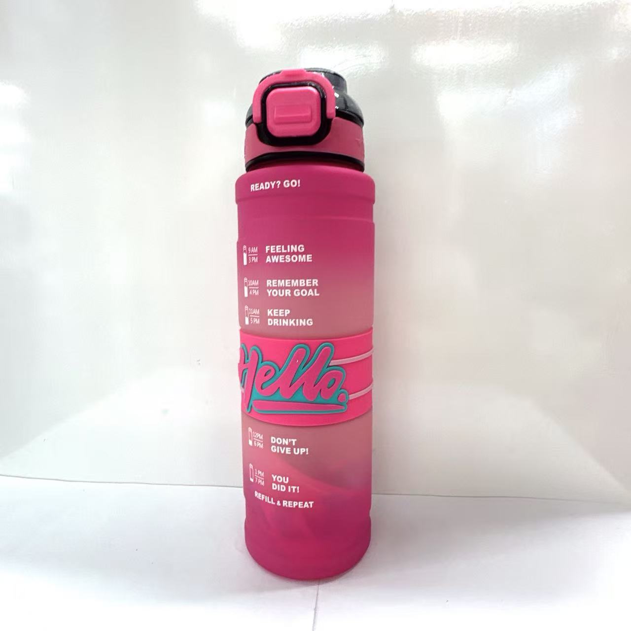 Hello Water Bottle Leakproof Time Marker BPA-Free Straw Power through intense gym sessions, commutes, or hiking adventures with this 1000mlleakproof BPA-free water bottle featuring motivational