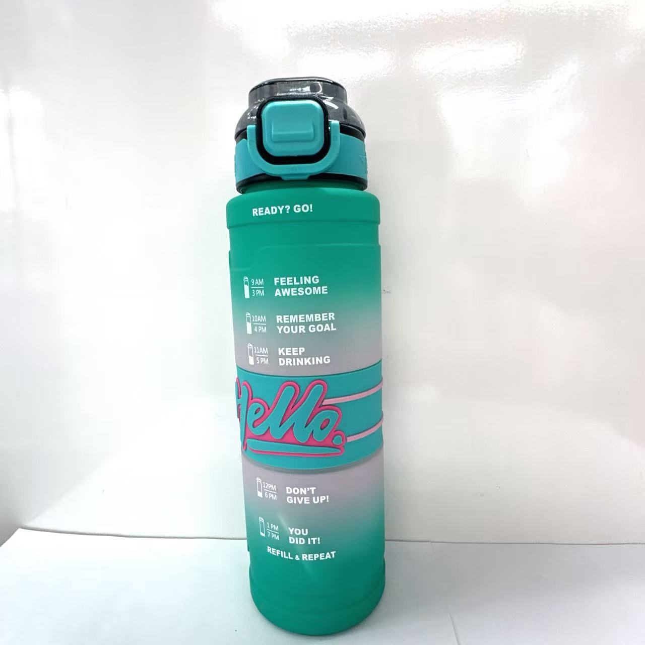 Hello Water Bottle Leakproof Time Marker BPA-Free Straw Power through intense gym sessions, commutes, or hiking adventures with this 1000mlleakproof BPA-free water bottle featuring motivational