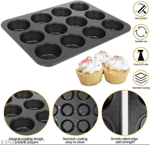 Baking Tin Nonstick 12 Hole CupcakesMould Tray Pan Perfect Muffins Home Bakery Event Wedding Cake Decor Professional Results Easy Release Coating Round Shape Standard Size Oven Safe Dishwasher Friendl
