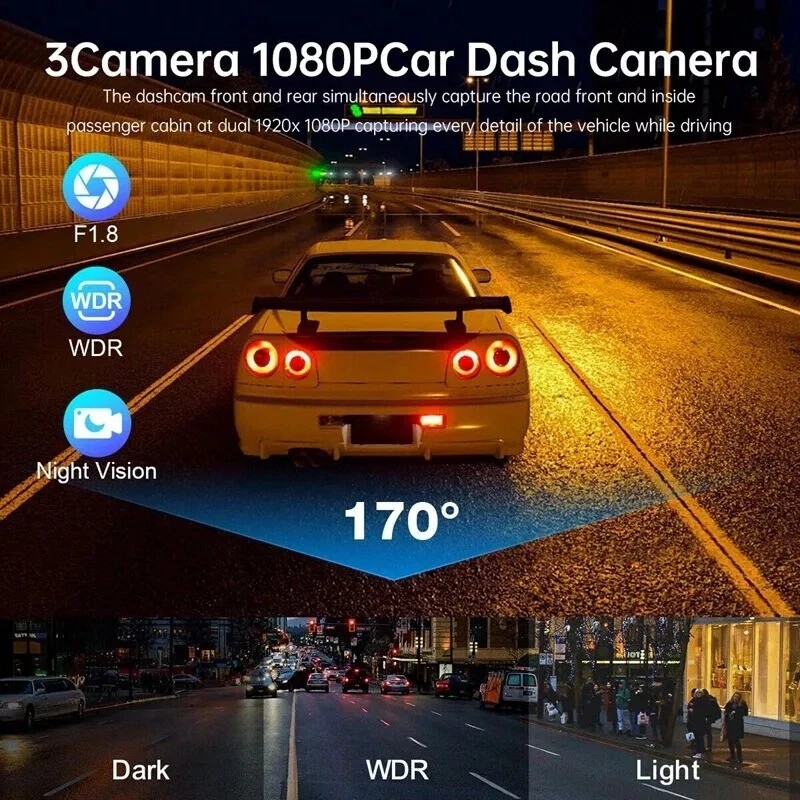 HD 1080P Triple Lens Car Dash Cam – Front, Rear & Interior Video Recorder with G-Sensor, 170° Wide Angle, Loop Recording, Night Vision, 2.0” IPS Display Driving Camera System