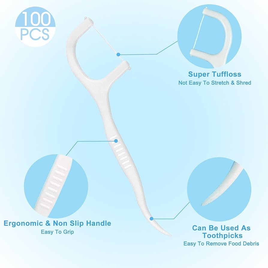 Dental Floss 50pc Pack -2 Way Dental Floss Toothpicks Ergonomic Y-shaped handle ensures control even for kids or arthritis sufferers Hygienic individually wrapped picks prevent contamination.