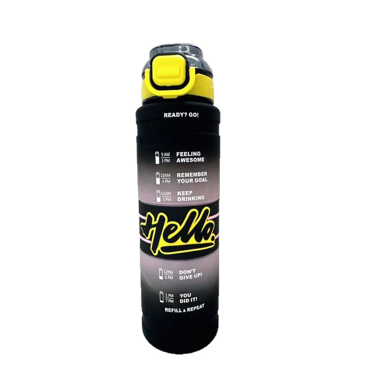 Hello Water Bottle Leakproof Time Marker BPA-Free Straw Power through intense gym sessions, commutes, or hiking adventures with this 1000mlleakproof BPA-free water bottle featuring motivational