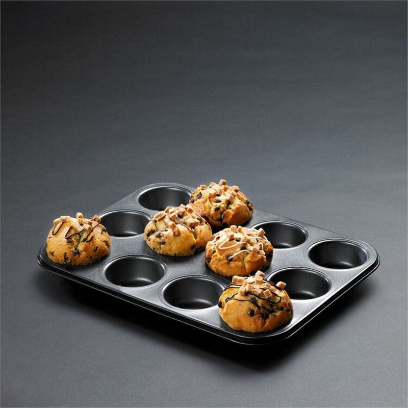 Baking Tin Nonstick 12 Hole CupcakesMould Tray Pan Perfect Muffins Home Bakery Event Wedding Cake Decor Professional Results Easy Release Coating Round Shape Standard Size Oven Safe Dishwasher Friendl