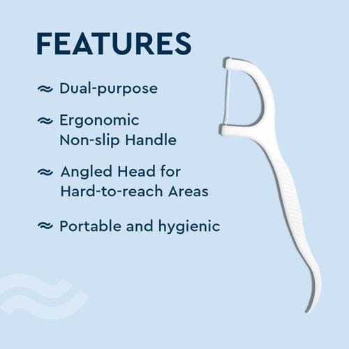 Dental Floss 50pc Pack -2 Way Dental Floss Toothpicks Ergonomic Y-shaped handle ensures control even for kids or arthritis sufferers Hygienic individually wrapped picks prevent contamination.