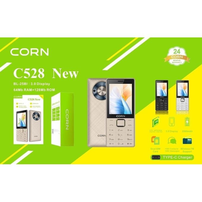 AMAZING OFFER!! CORN T528:| 3.0" QVGA LCD Screen | 64MB RAM+128MB Storage Expandable Upto 32GB | 2500mAh Battery | Dual SIM | Torch | 2.0MP Camera | 1000 Contacts & 1000 Messages | FM Radio | Kabambe